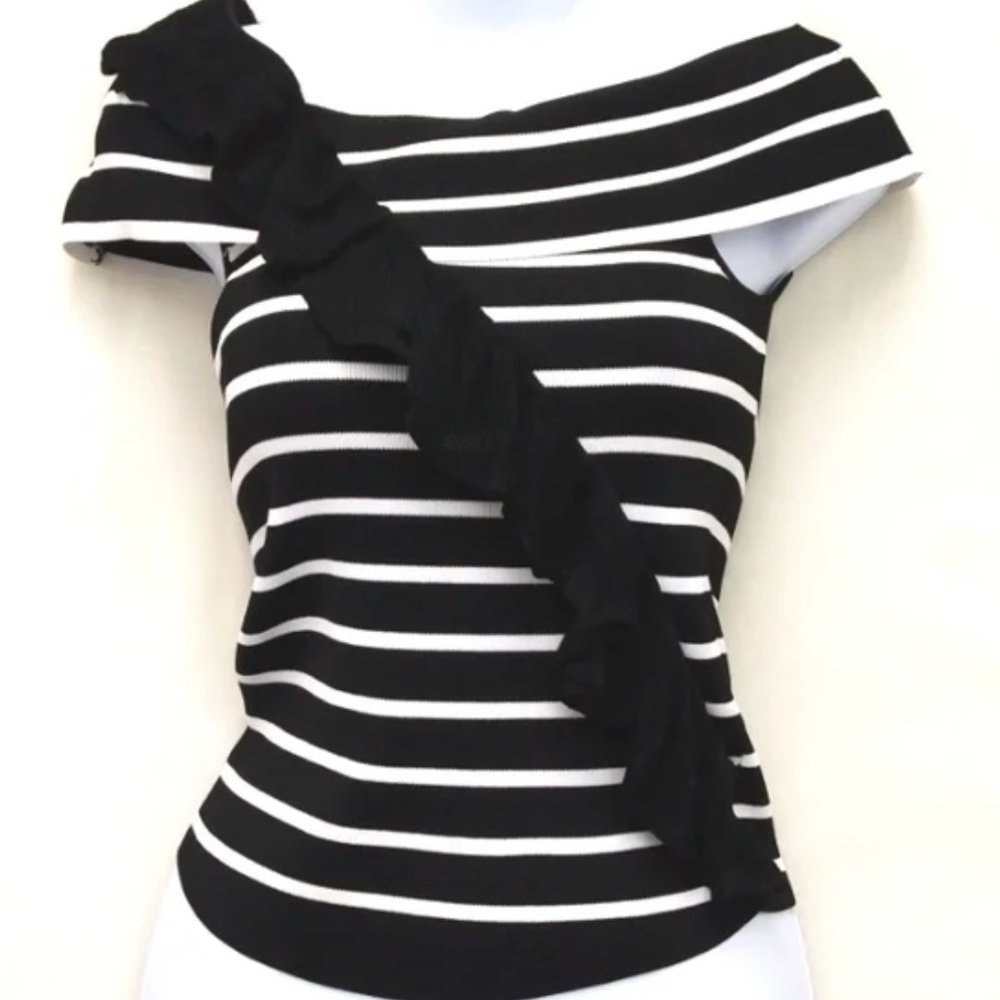 Off-Shoulder Black & White Striped Ruffle-Trim Camisole